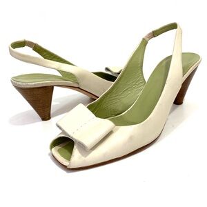 DKNY Made In Italy Slingback Kitten Heels Peep Toe Women Shoes 8.5 Ivory Leather
